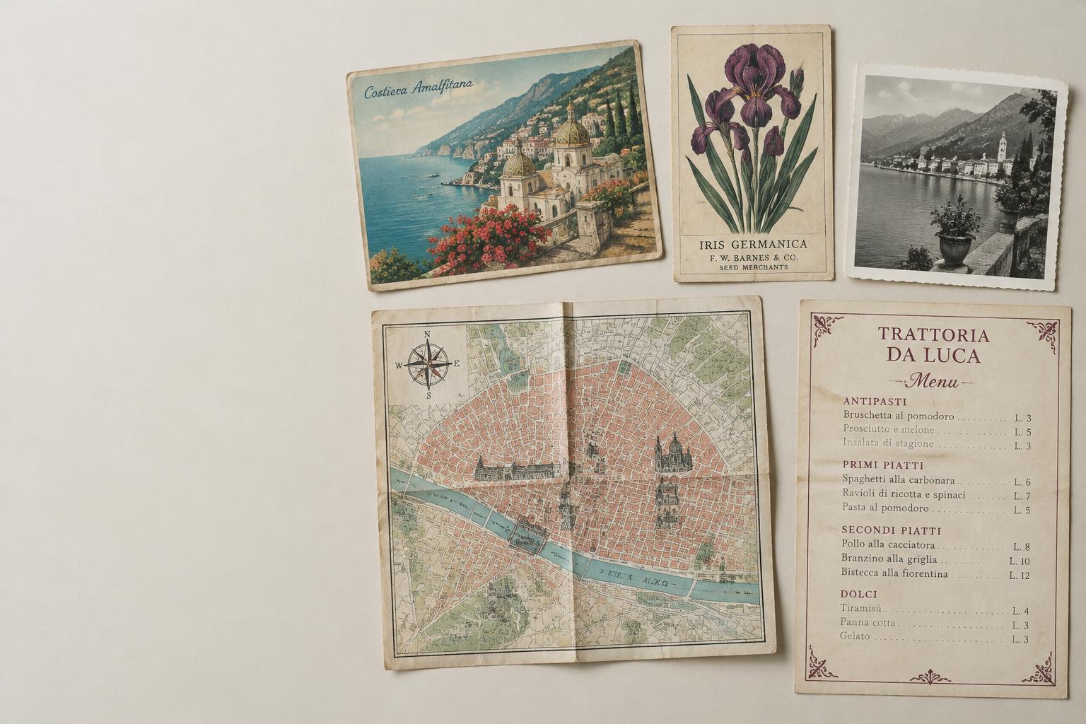 Vintage trade cards, postcards, photographs, maps and menus